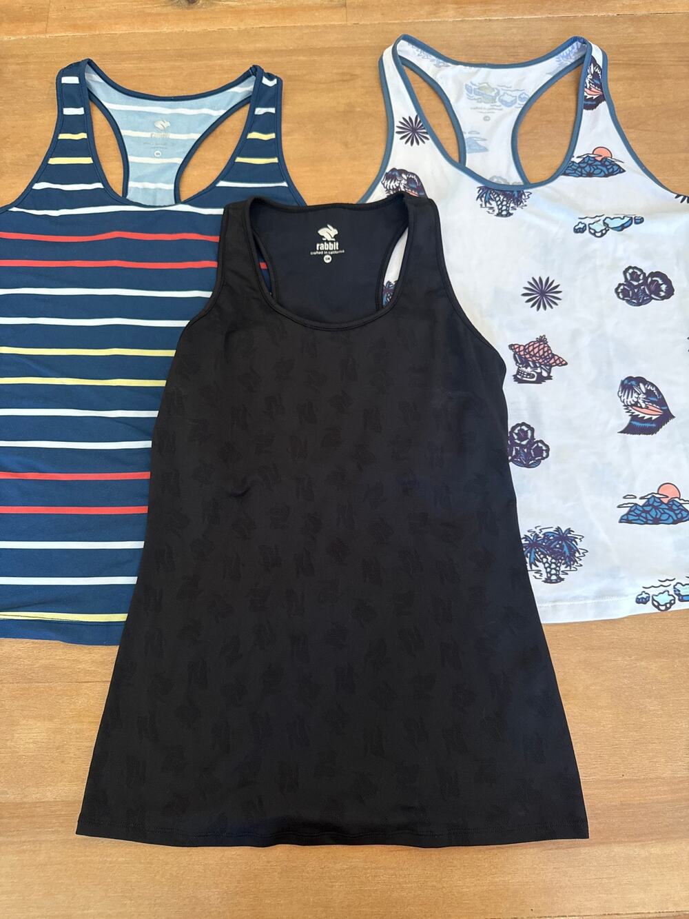 Rabbit Running SM Racer Back Women’s Tanks 1. Built in bra 2. Striped 3.  Surf